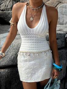 Fashionable Ivory White Knit Halter Top With Starfish Pendant Necklace,Summer Casual Vacation Holiday Beach Elegant Party Clubs Date Night Out - White - View 2