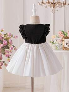 SHEIN 女婴时尚优雅连衣裙，圆领荷叶袖，波浪前摆，迷人风格，适合派对、休闲、送礼，春夏皆宜 - 彩色 - 查看 2