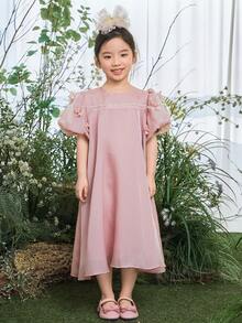 DAZY Young Girls Party Birthday Solid Color Short Sleeve Formal Dress Vacation - Apricot - View 3