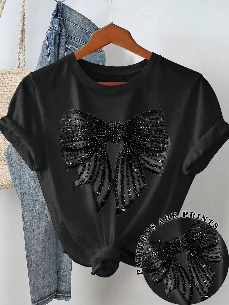 INAWLY 女士蝴蝶结印花圆领短袖 T 恤 - 黑色 - 查看 1