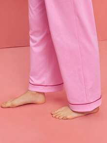 LUVLETTE 柔软棉质撞色滚边基础款纽扣上衣和裤子粉色家居服睡衣套装，裤子带口袋，女士家居服套装，情人节礼物 - 粉色 - 查看 7