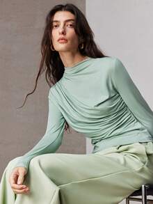 ZEYLAH Camiseta interior de manga larga con malla fruncida ajustada para mujer, primavera - Verde - Ver 1