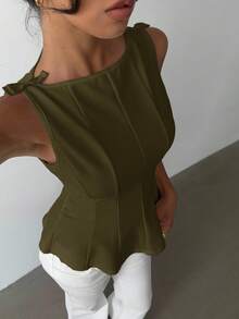 Aloruh 女士优雅无袖通勤衬衫，简约设计 - 軍綠色 - 查看 4