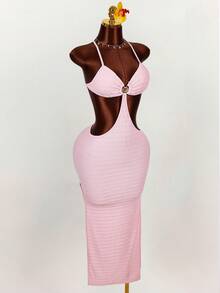 Amplova Shell Metal Decor High Slit Women Dress - Pink - View 5