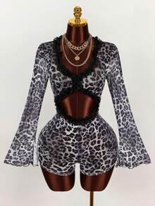 Amplova 女士复古豹纹透视低胸性感连体衣 - 深灰色 - 查看 5