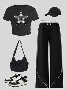 2pcs/Set Star Print Girls Tween Black Tight Fitting Top And Pants Set, Short Sleeve Top, Casual & Comfortable, Suitable For All Seasons, Fashion & Versatile