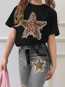 2pcs/Set Young Girl Casual Vintage Leopard Print & Star Graphic Loose Fit Round Neck Short Sleeve T-Shirt And Flare Pants, Suitable For Daily Wear, Spring & Summer - Multicolor - View 3
