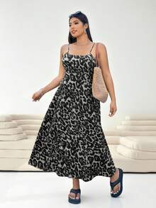Solflare Plus Size Leopard Print Backless Dress With Adjustable Spaghetti Straps And Hidden Zipper For Summer Holiday Vacation - Grey - View 5