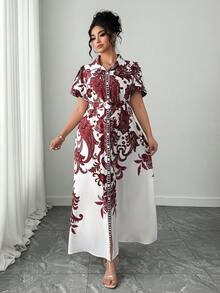 Elenzga Damen Große Größen elegantes Retro-Muster Taillengürtel Puffärmel Hemdkleid, Frühlings-/Sommer-Resort-Kleid - Bordeaux - Übersicht 8
