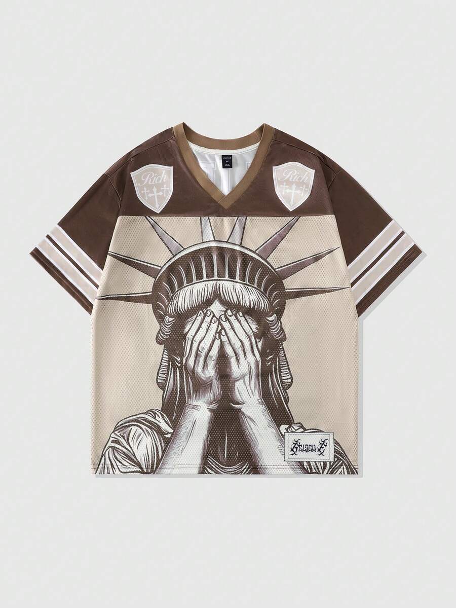 ROMWE MEN Street Life Kaos Lengan Pendek Olahraga Pria Kasual Musim Semi/Panas dengan Motif Grafis dan Patchwork Jala, Jersey Atletik - Coklat - View 1