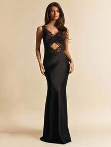 SHEIN BAE 黑色缎面撞色蕾丝无袖连衣裙，优雅修身长裙，适合正式场合、婚礼、伴娘、生日派对等。 - 黑色 - 查看 5