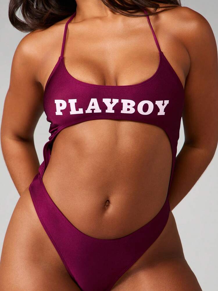 Missguided x Playboy One Piece Monokini Swimsuit With Cut Out Sides And Halter Neck Strap Design For Beach Pool Summer Vacation