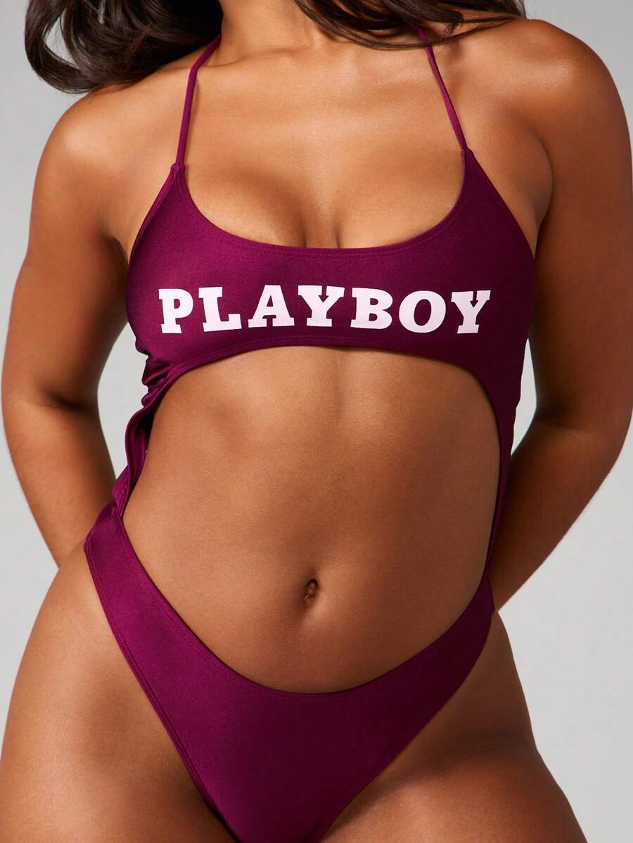 Missguided x Playboy One Piece Monokini Swimsuit With Cut Out Sides And Halter Neck Strap Design For Beach Pool Summer Vacation - Red Violet - View 1