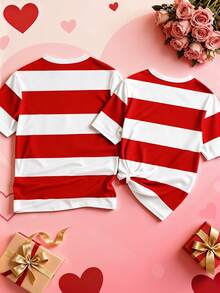 Manfinity Joysei Men's White Bold Wide Stripe Three Hearts Scribble Print Couple Matching T-Shirt | Valentine Hand Drawn Doodle Love Graphic Horizontal Color Block Tee | Classic Nautical Inspired Crew Neck Short Sleeve Top | Sweet Romantic Anniversary Gift His And Hers Loose Fit Shirt | Simple Preppy Clean Summer Casual Date Night Wear | Soft Breathable Boyfriend Girlfriend Daily Outdoor Holiday Outerwear,Men's Heart Striped Print Round Neck Short Sleeve Casual T-Shirt - Multicolor - View 3