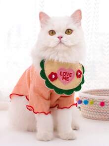 PETSIN Green Heart Pet Bandana With "LOVEME" Letter And Floral Embroidery, Cute Cartoon, Knit Pet Square Scarf