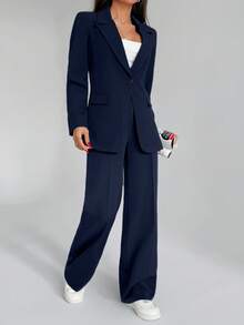 EURMUSE 女士纯色两件套西装套装，包括西装外套和裤子 - 藏蓝色 - 查看 7