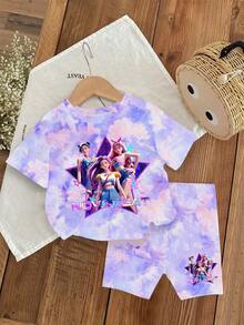 2pcs/Set Young Girls Casual K-POP Cartoon Girl Tie-Dye Pattern Short Sleeve Knit T-Shirt And Matching Tie-Dye Shorts Set, Girls Everyday & Holiday Comfortable Knit Outfit, Sporty Fashion Set For Summer - Multicolor - View 3