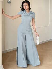 Modelyn Women's Elegant Commuter Poncho Top And Pants Set - Blue - View 5