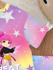SHEIN 两件套少女休闲韩流卡通扎染图案短袖针织T恤和配套扎染短裤套装，适合女孩日常和假日穿着的舒适针织服装，运动时尚套装 - 彩色 - 查看 3
