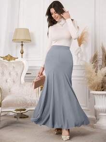 Modelyn 女士纯色高腰美人鱼款百搭约会派对半身裙 - 藍色 - 查看 8