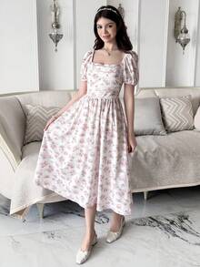 SHEIN 少女春夏碎花泡泡袖褶皱腰A字中长连衣裙，优雅度假风，适合情人节、节日等场合，碎花连衣裙，女士花朵连衣裙，复古连衣裙，泡泡袖长裙，茶会连衣裙 - 粉色 - 查看 9