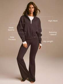 GLOWMODE Everyday Fleece Warmth Whisperer Soft Warm Lightweight Front Back Seam Detailing Pockets Batwing Sleeve High Neckline Full-Zip Jacket Autumn Winter Daily Casual