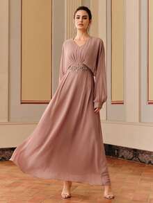 Anewsta V-Neck Chiffon Elegant Embroidered Pearl Long Dress - Coral Pink - View 2