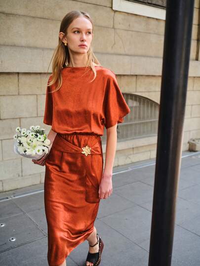 Lumivelle Women's Elegant Off Shoulder Metal Buckle Decor Ruched Dress