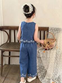 LMoss Kids 两件套女童纯色圆领无袖刺绣背心和长裤套装 - 藍色 - 查看 2