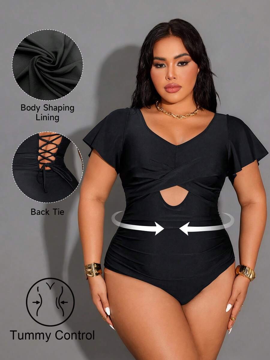 Shapewave Áo tắm liền thân cỡ lớn, tiện dụng và thoải mái, màu đen trơn, thiết kế hở lưng gợi cảm, thích hợp cho kỳ nghỉ hè ở bãi biển. - màu đen - Xem 1