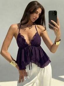 Aloruh Áo hai dây màu tím tối giản dành cho nữ, thích hợp mặc mùa hè, làm trang phục mùa hè, đồ đi biển mùa hè, đồ nghỉ dưỡng biển cho nữ, đồ nghỉ dưỡng nhiệt đới phong cách Bohemian, chất liệu chiffon nhiều lớp. - Màu tím - Xem 5