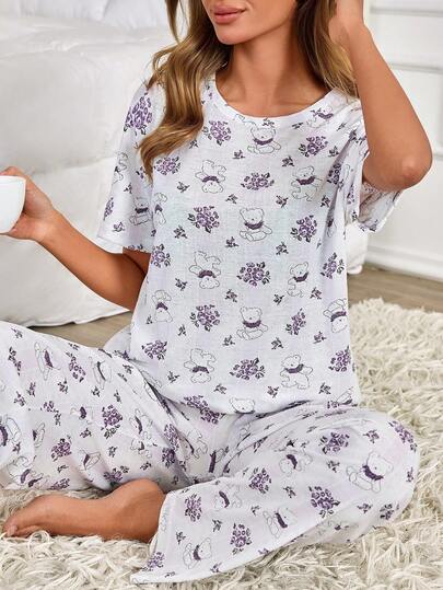 EURMUSE Women Cotton 2 Pcs Flower&Bear Pattern Round Neck Short Sleeved Shirt&Long Pants Homewear Cute Pajama Set