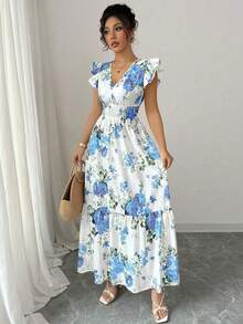Rafferiza Abito da donna con scollo a V, stampa floreale romantica e balza sul fondo - Blu e Bianco - Visualizzare 3
