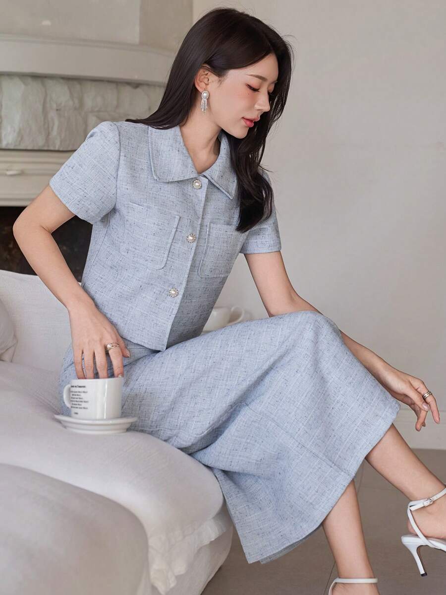 DAZY 女士优雅图案口袋衬衫和直筒裙两件套，春夏款 - 藍色 - 查看 1