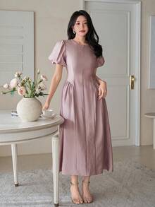 DAZY Women's Elegant Solid Color Puff Sleeve Round Neck Dress, Summer Wedding Guest Dress Sundress - Purple - View 4