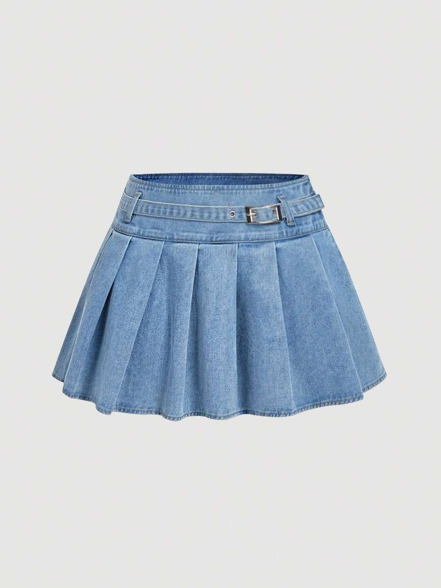 SHEIN MOD Women's Casual Pleated Denim Mini Skirt, Summer - Blue - View 1