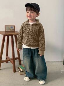 DAZY Toddler Boys' Korean Style Leopard Print Lapel Loose Long Sleeve Top - Khaki - View 4