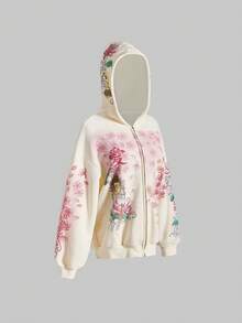 ROMWE Áo nỉ dáng rộng in họa tiết hoa tượng hình Phật cổ điển Y2K Streetwear dành cho nữ - trắng - Xem 1