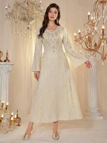 Al Najma Elegant & Luxurious Polka Dot Beaded V-Neck Side Tie Waist Midi Dress, Spring/Summer - Apricot - View 4