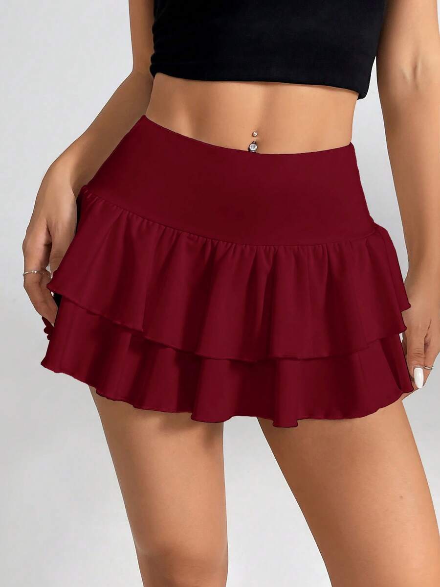 SHEIN PETITE Women's Double Layer Ruffle Hem A-Line Short Skirt Red Ruffle Skirt - Burgundy - View 1