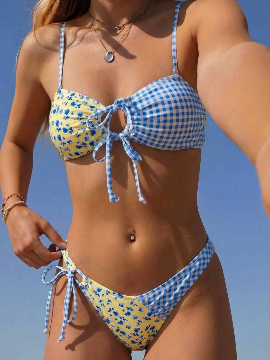 Swim Mod 可爱花卉格子拼接女士泳衣套装 - 彩色 - 查看 1