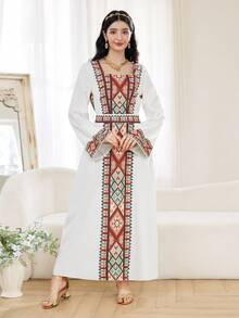 SHEIN Teen Girl Geometric Print Casual Party & Outing Flare Sleeve Dress - Apricot - View 6