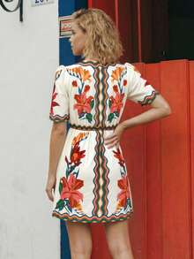 CAJUNI Short-Sleeve Dress Adorned With Watercolor Floral Prints - Multicolor - View 2