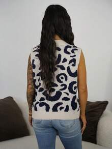 SAYEHFBABY 女士休闲V领单排扣豹纹针织背心，秋冬 - 彩色 - 查看 2