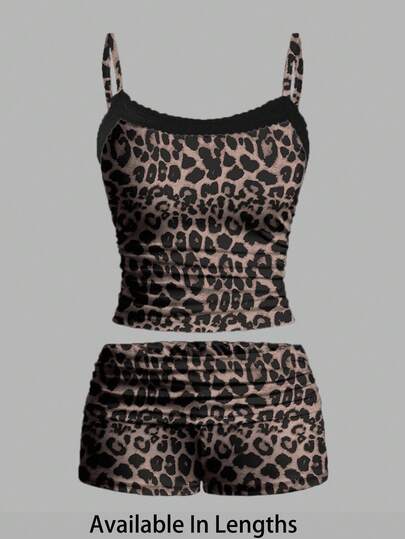 SHEIN Tall CURVE Plus Size Women Leopard Print Ruched Camisole And Shorts 2 Pieces Set, Fashionable And Sexy Summer Holiday Outfits Carnival Costume Casual Sets For Women Leopard Print Short Set