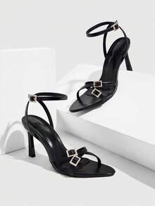 CUCCOO SZL Sandalias de tacón alto negro de moda para mujer, zapatos de primavera y verano para vacaciones de primavera, Pascua y baile de graduación - PU negro - Ver 6