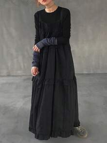 FRIFUL 女士纯色100%棉吊带褶皱荷叶边宽松休闲连衣裙长裙 - 黑色 - 查看 5