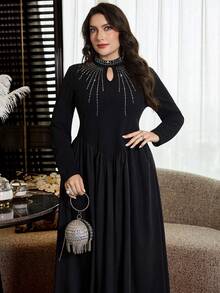 Modelyn Plus Size Women Rhinestone Embellished Drape Neck Long Sleeve Knit Elegant Flared Hem Formal Party Dress - Black - View 5