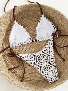 Bonvoyette Swim Vcay 新款奢华优雅两件套白色钩编蕾丝和焦糖/棕色三角比基尼，女士款，挂脖式泳衣上装饰有木珠，性感高衩丁字裤泳装，适合夏季海滩泳池度假，复古Y2K辣妹风泳装，音乐节，热带海岸早午餐，海岛度假及摩登氛围。 - 棕色 - 查看 2