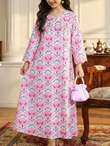 SHEIN 少女碎花圆领长袖连衣裙 - 粉色 - 查看 8